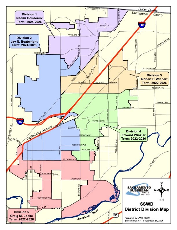 SSWD district division map showing the district's five divisions, with Division 5 at the southern end along the American River.